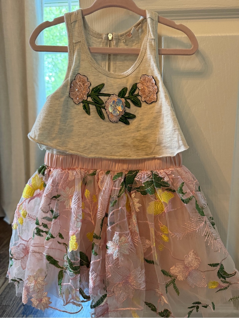 Girl's Pink Floral Embroidered Tank Dress
